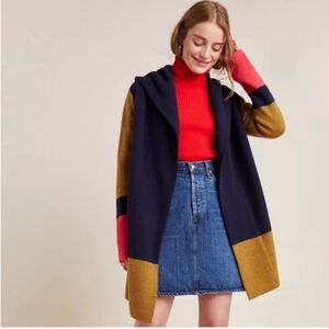 Anthropologie Field Flower Colorblock Wool Sweater Coat Pockets Size Small